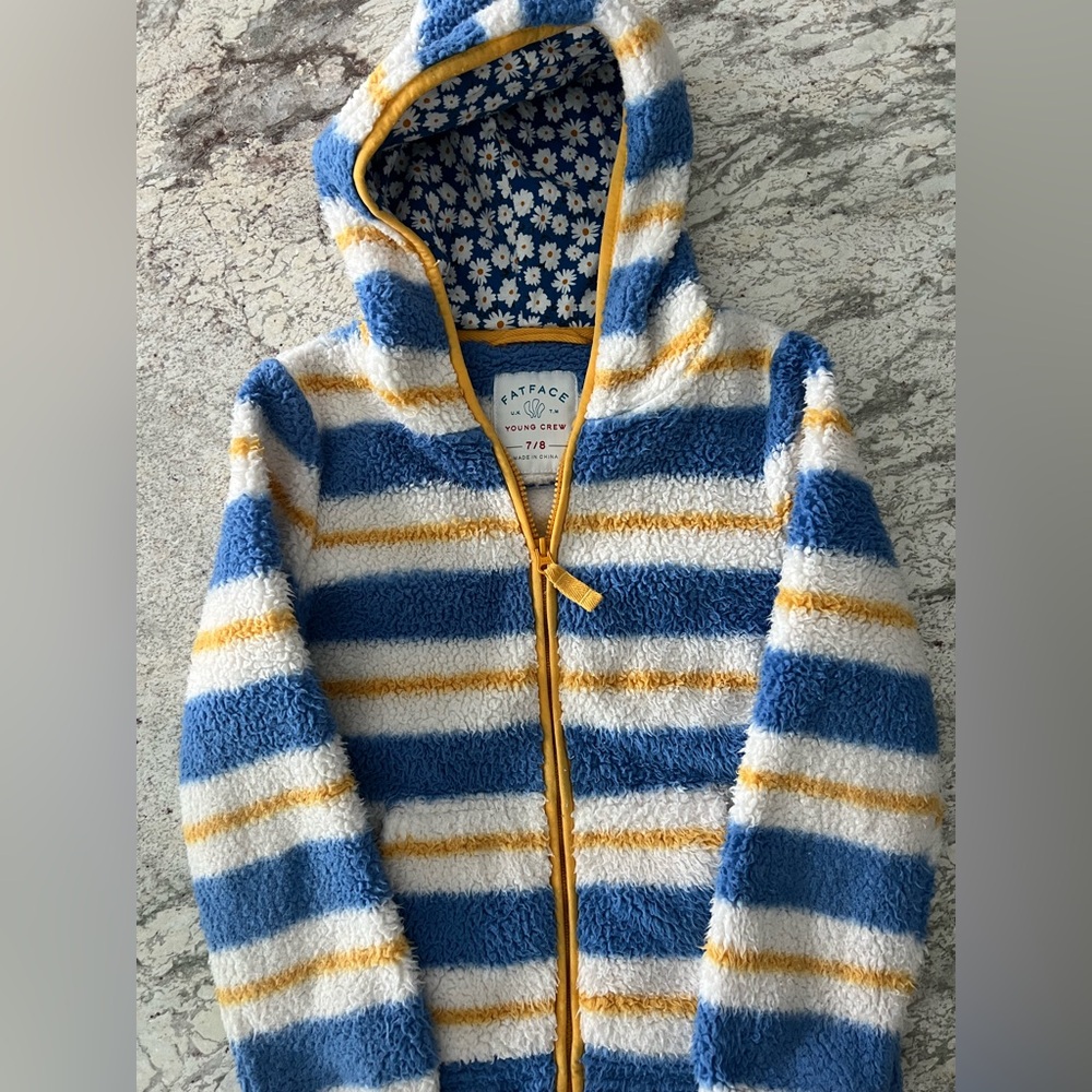 Fat Face Kids Fuzzy Blue and Yellow Striped Hoodie